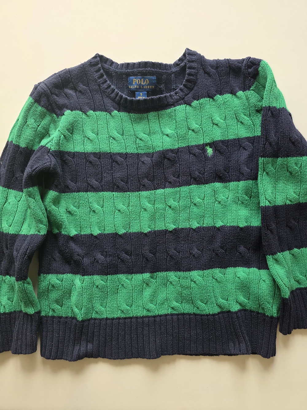 Polo by Ralph Lauren Kid's Navy & Green Cable-Knit Stripe Sweater